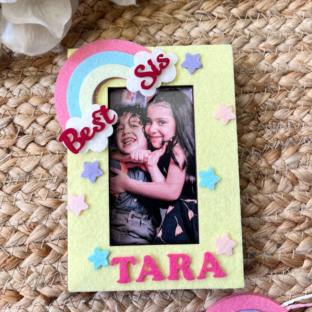 Personalized Reusable Rainbow Theme Felt Kids Rakhi With Wooden Frame For Siblings