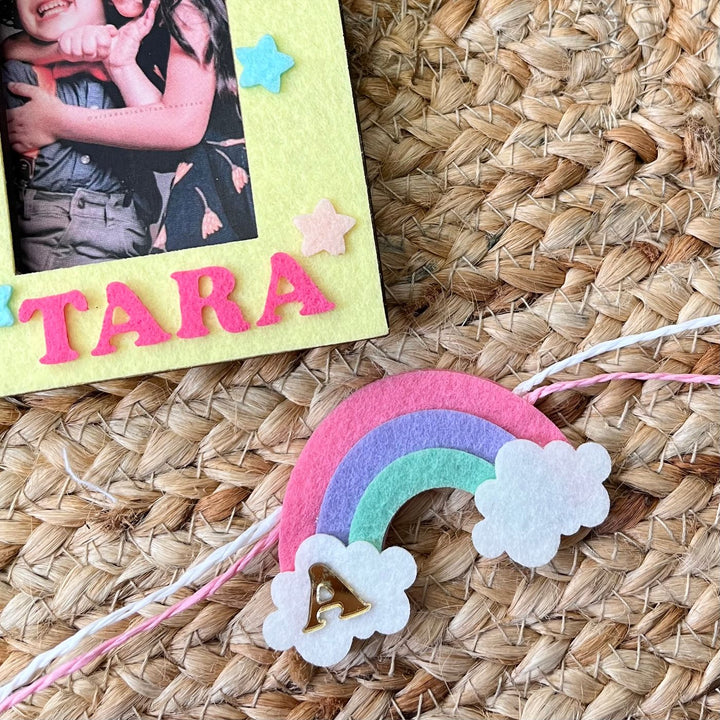 Personalized Reusable Rainbow Theme Felt Kids Rakhi With Wooden Frame For Siblings