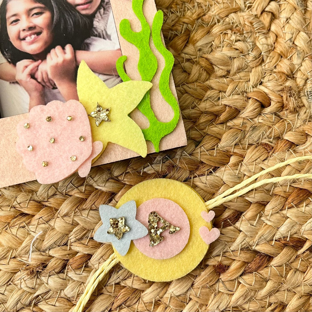 Personalized Reusable Sea Theme Felt Kids Rakhi With Wooden Frame For Siblings