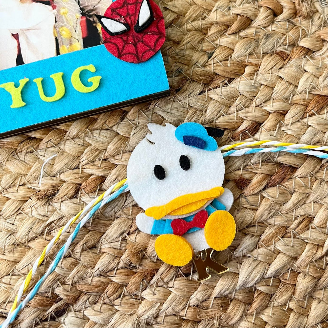 Personalized Reusable Spiderman & Duck Theme Felt Kids Rakhi With Wooden Frame For Siblings