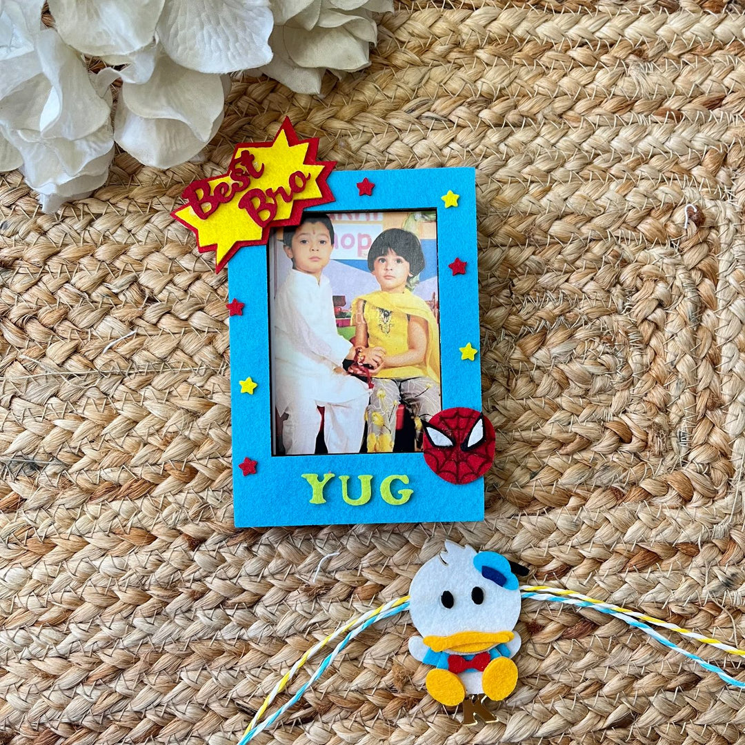 Personalized Reusable Spiderman & Duck Theme Felt Kids Rakhi With Wooden Frame For Siblings