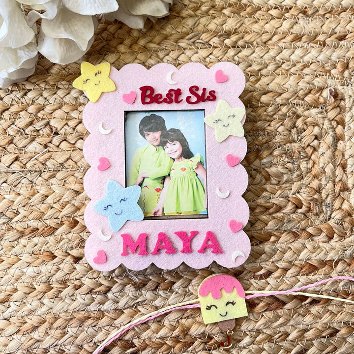 Personalized Reusable Ice-Cream Theme Felt Kids Rakhi With Wooden Frame For Siblings