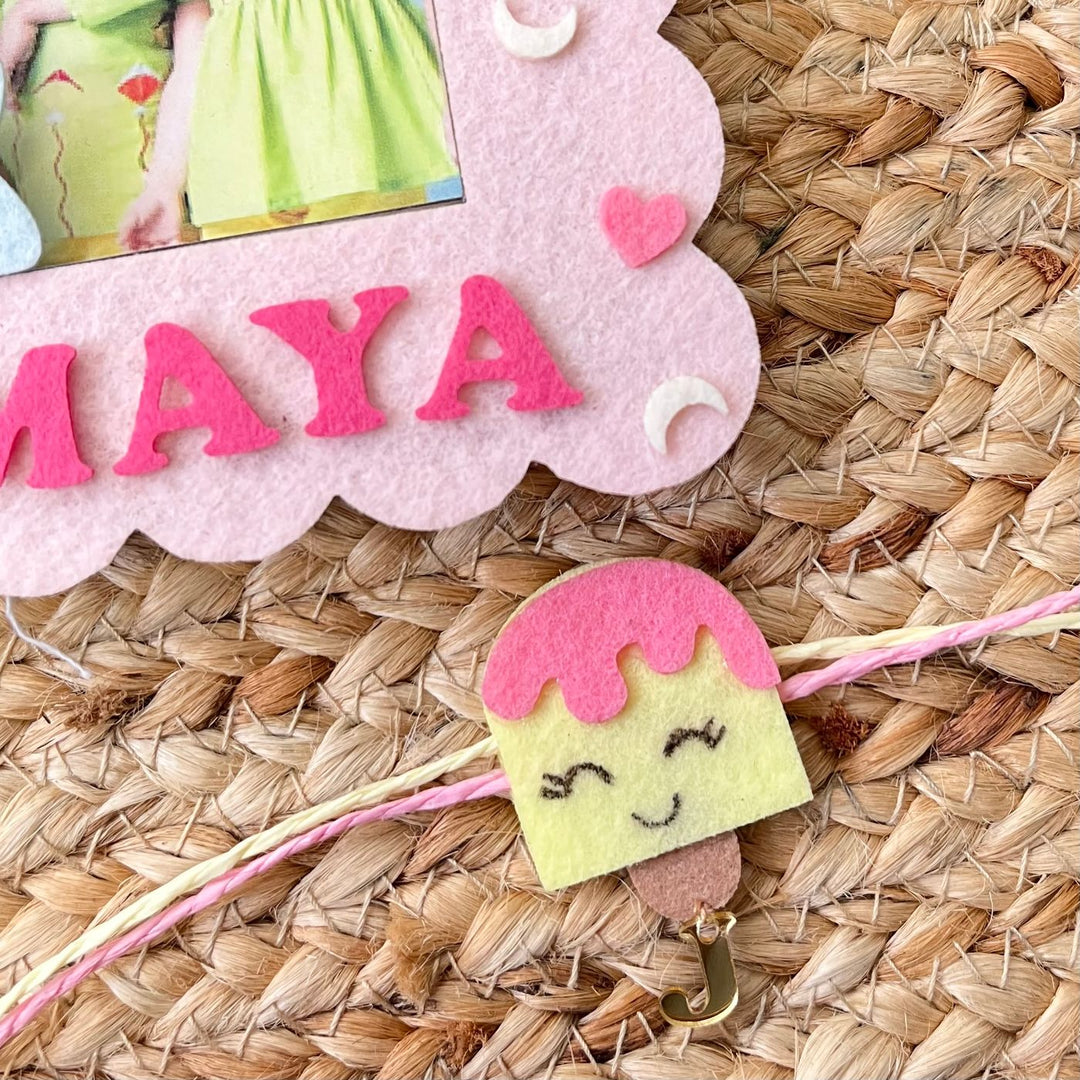 Personalized Reusable Ice-Cream Theme Felt Kids Rakhi With Wooden Frame For Siblings