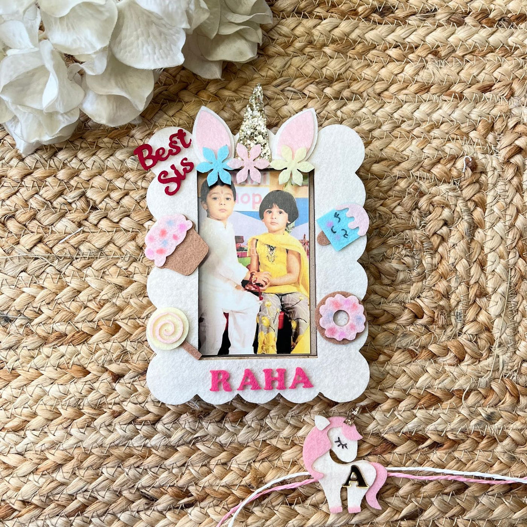 Personalized Reusable Unicorn Theme Felt Kids Rakhi With Wooden Frame For Siblings