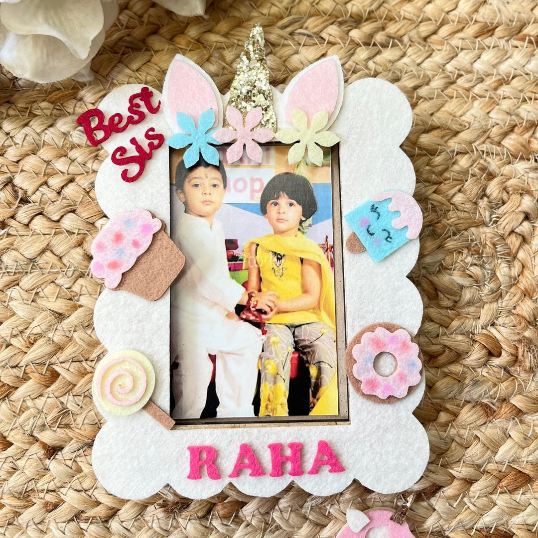 Personalized Reusable Unicorn Theme Felt Kids Rakhi With Wooden Frame For Siblings