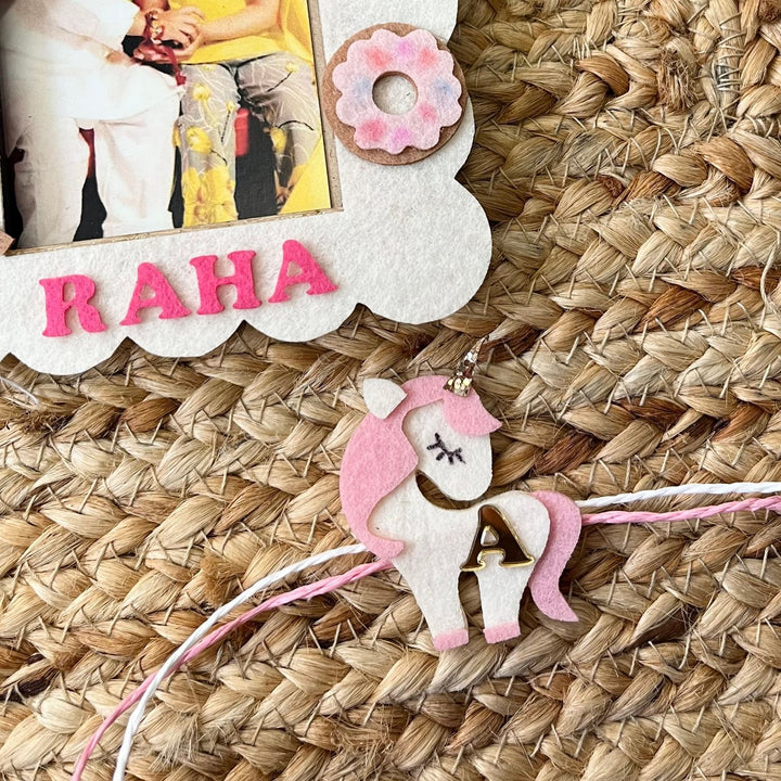 Personalized Reusable Unicorn Theme Felt Kids Rakhi With Wooden Frame For Siblings