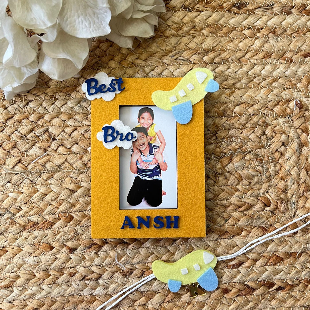 Personalized Reusable Aeroplane Theme Felt Kids Rakhi With Wooden Frame For Siblings