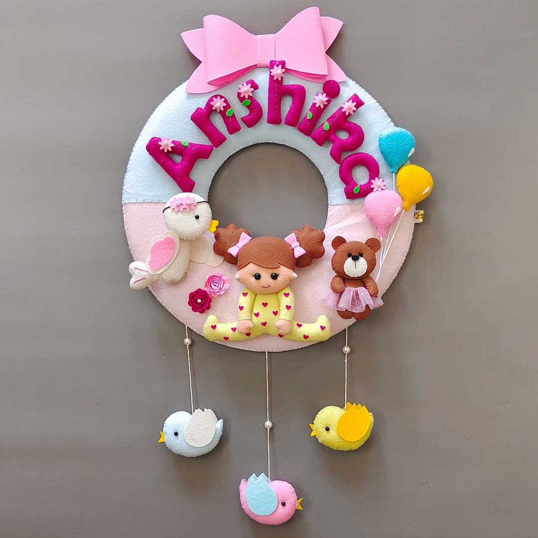 Hand Stitched Round Felt Kids Name Plate For Baby Girl - Front View Hanging Door Wreath