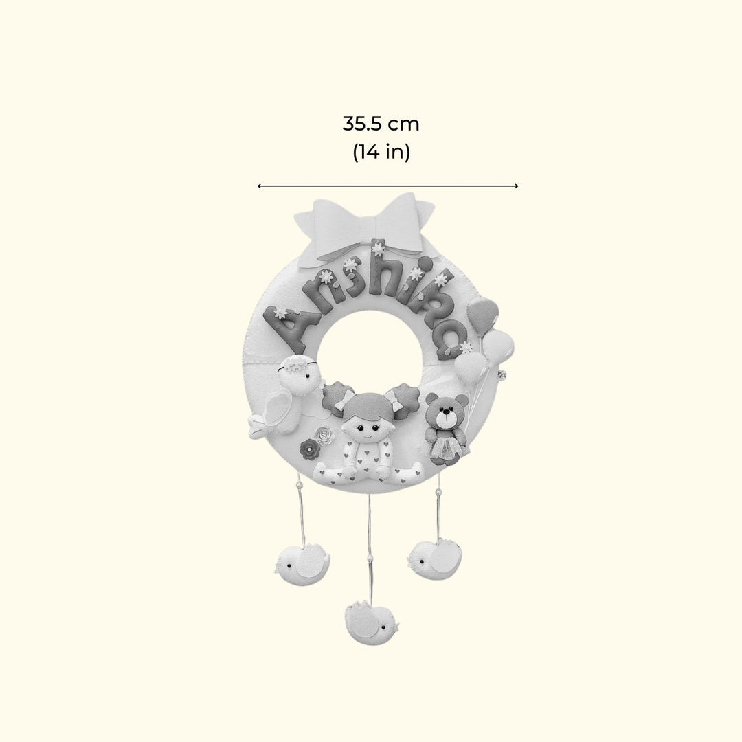 Hand Stitched Round Felt Kids Name Plate For Baby Girl - Front View with Dimensions