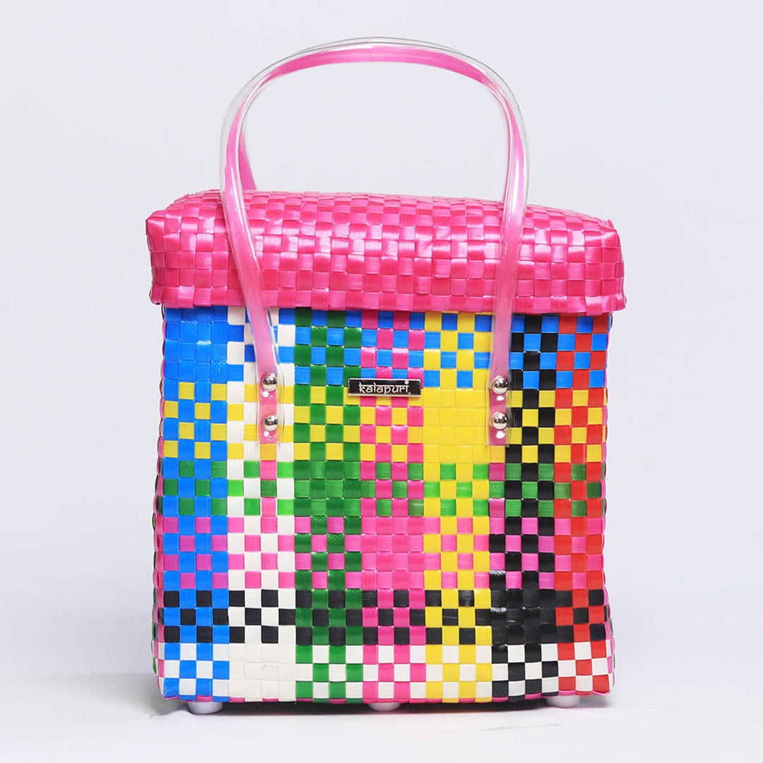 Handwoven Multicolor Polypropylene Storage Basket With Lid