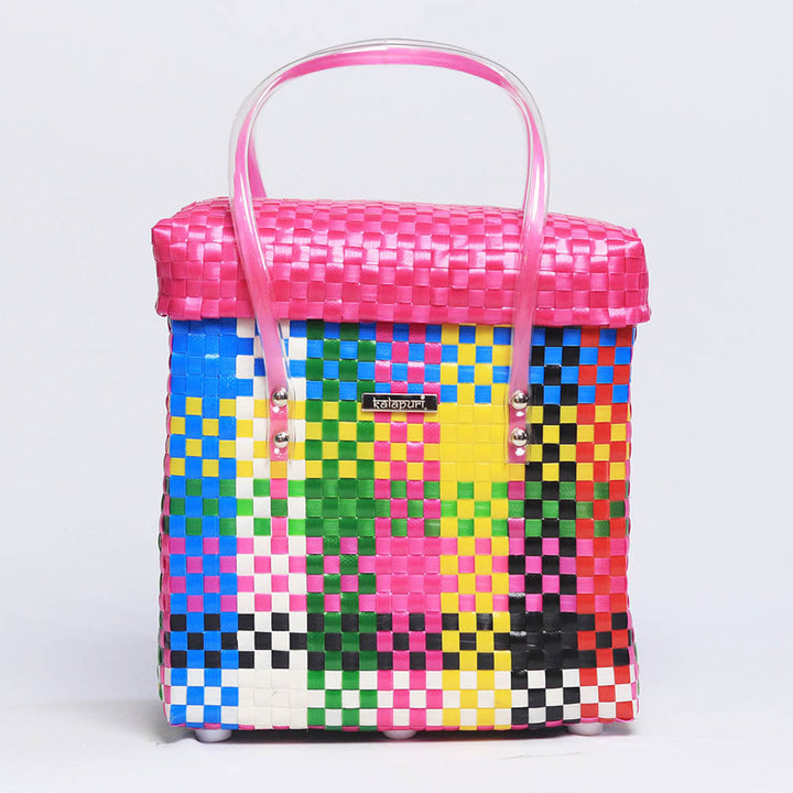 Handwoven Multicolor Polypropylene Storage Basket With Lid
