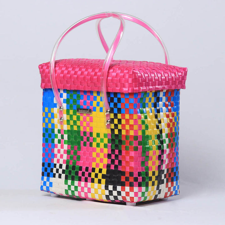 Handwoven Multicolor Polypropylene Storage Basket With Lid