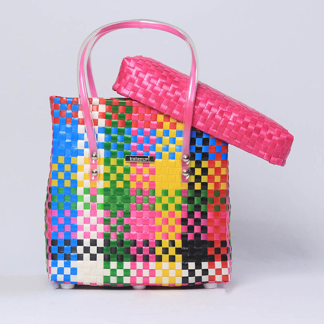 Handwoven Multicolor Polypropylene Storage Basket With Lid