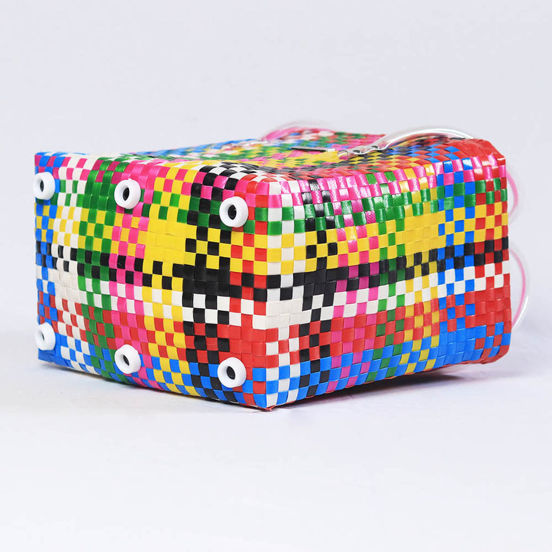 Handwoven Multicolor Polypropylene Storage Basket With Lid