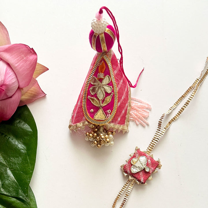 Handcrafted Gota Patti "Bahaar" Couple Rakhi & Lumba Set With Roli Chawal for Bhaiya Bhabhi