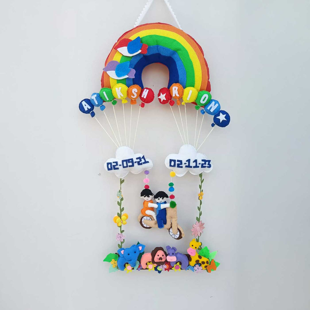 Personalized Rainbow Theme Felt Kids Name Plate For Siblings