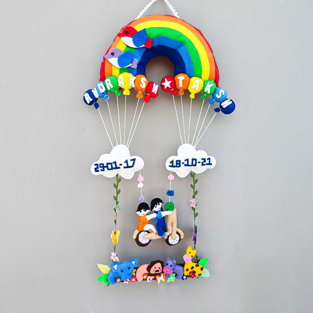 Personalized Rainbow Theme Felt Kids Name Plate For Siblings