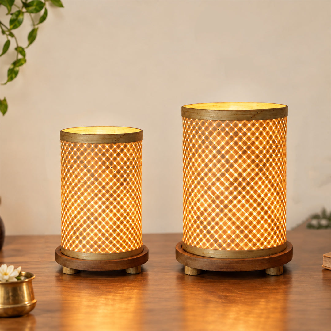 Handmade Woven Bamboo Cylindrical Table Lamp With Wooden Base For Home Decor