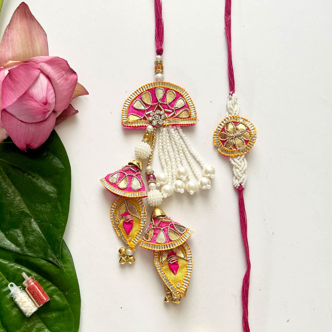 Handcrafted Gota Patti "Barkat" Couple Rakhi & Lumba Set With Roli Chawal for Bhaiya Bhabhi