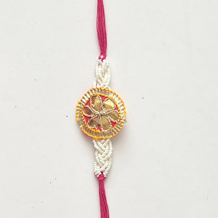Handcrafted Gota Patti "Barkat" Couple Rakhi & Lumba Set With Roli Chawal for Bhaiya Bhabhi