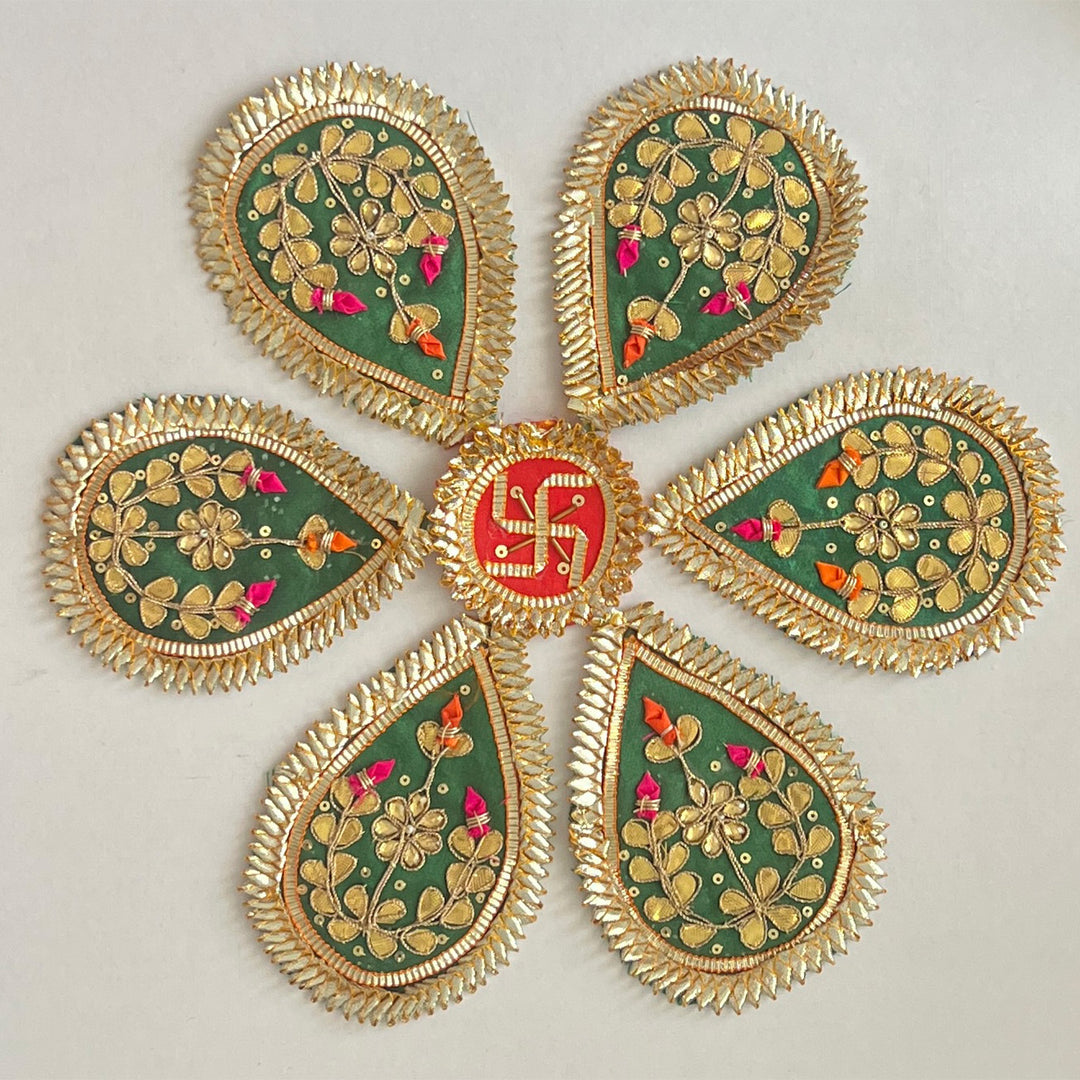 7 Pc | Handmade Barkha Gota Patti Green Floral Swastik Rangoli for Pooja & Festive Decor