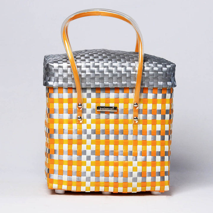 Handwoven Orange & Grey Checked Storage Basket With Lid