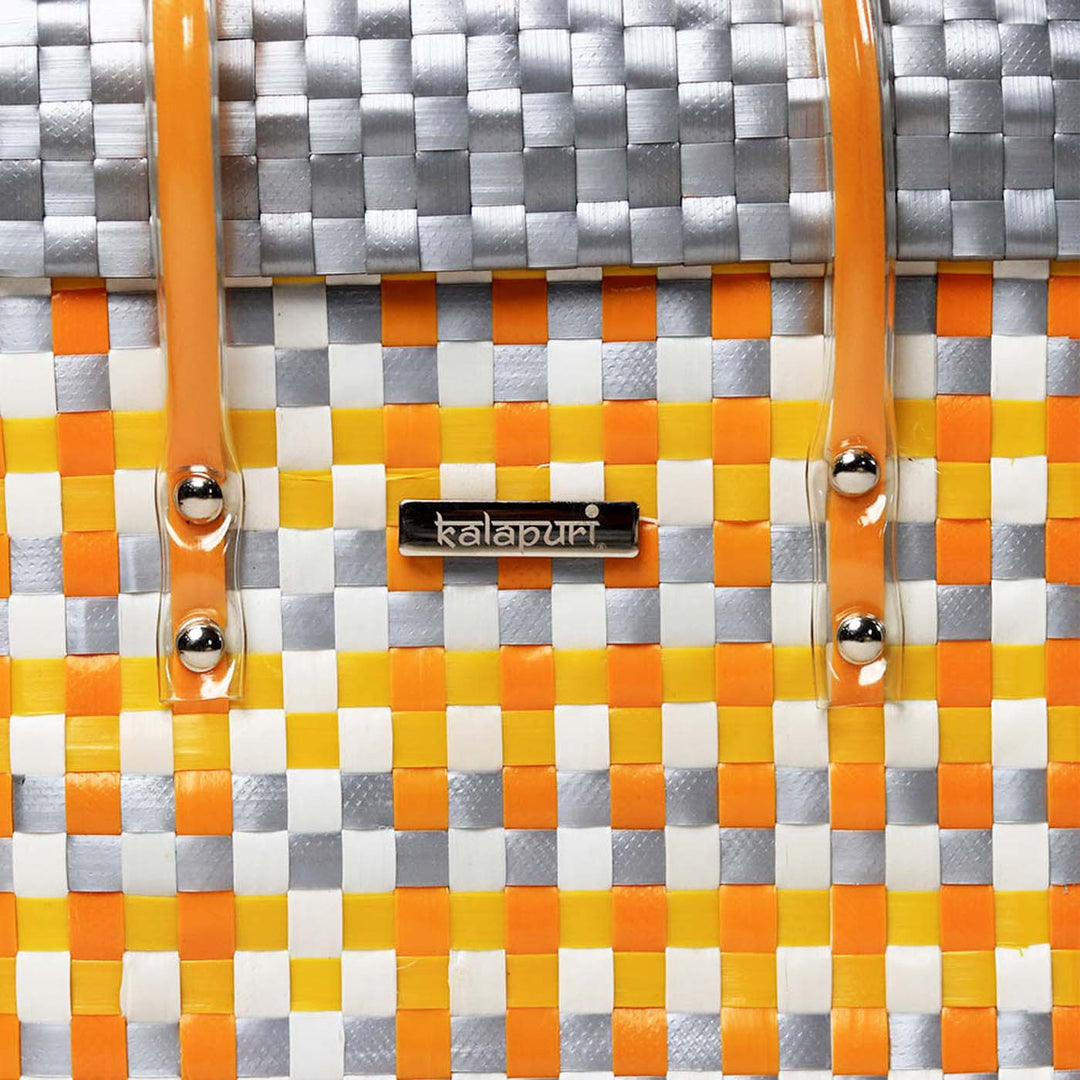 Handwoven Orange & Grey Checked Storage Basket With Lid