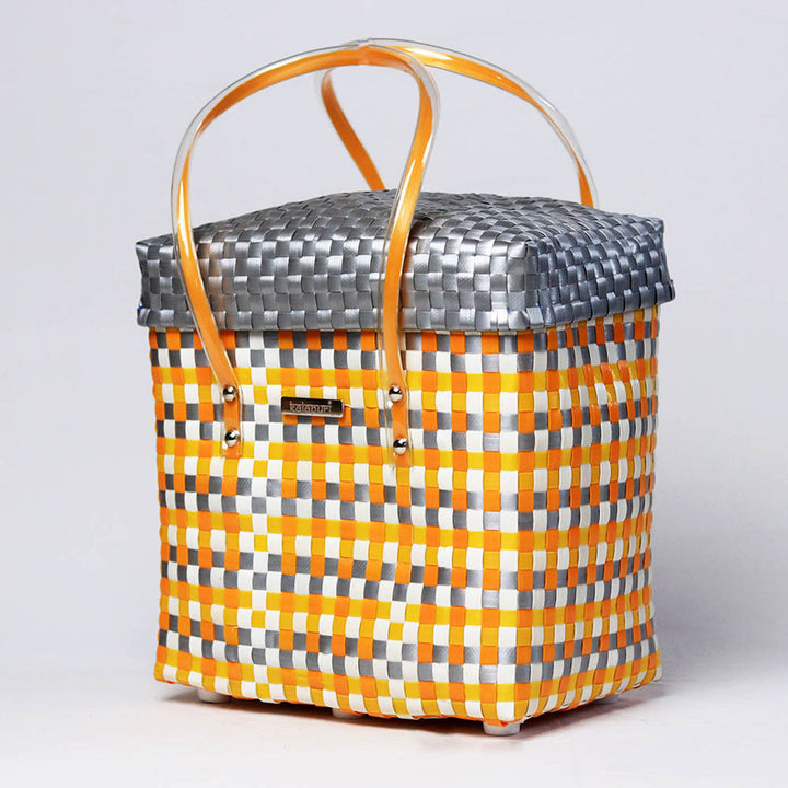 Handwoven Orange & Grey Checked Storage Basket With Lid