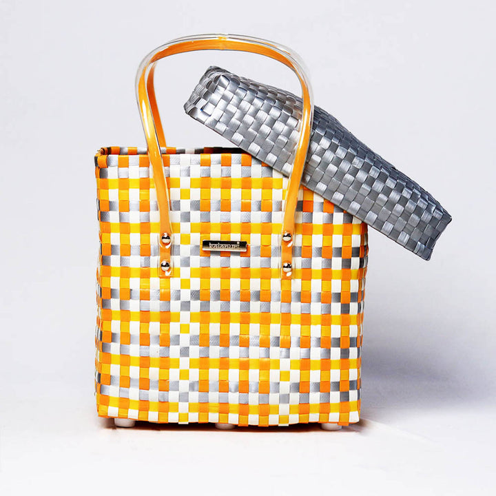 Handwoven Orange & Grey Checked Storage Basket With Lid