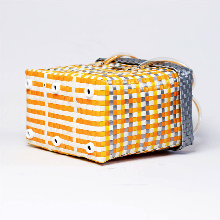 Handwoven Orange & Grey Checked Storage Basket With Lid
