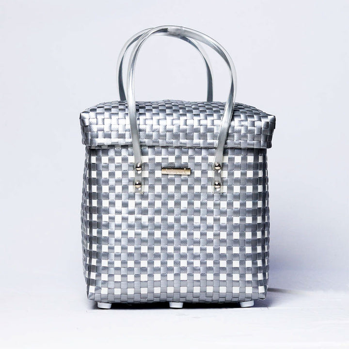 Handwoven Grey & White Checked Storage Basket With Lid