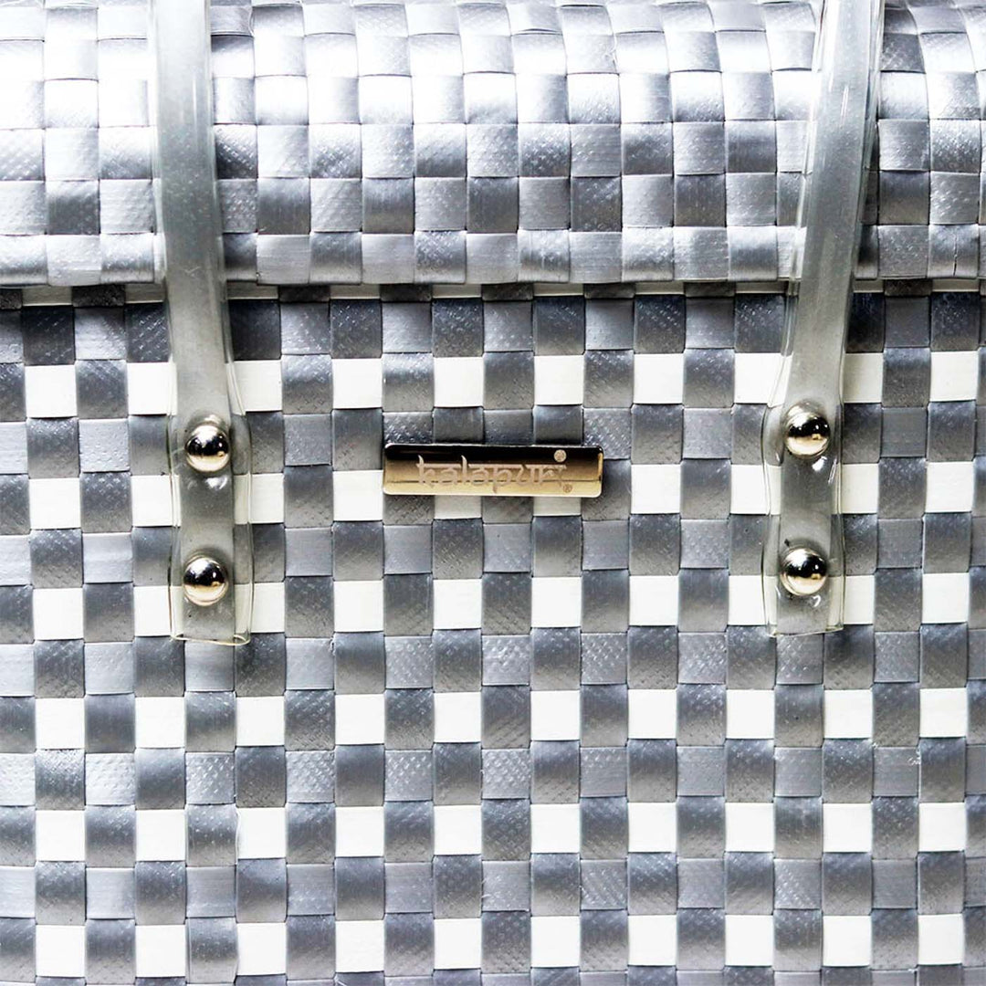 Handwoven Grey & White Checked Storage Basket With Lid