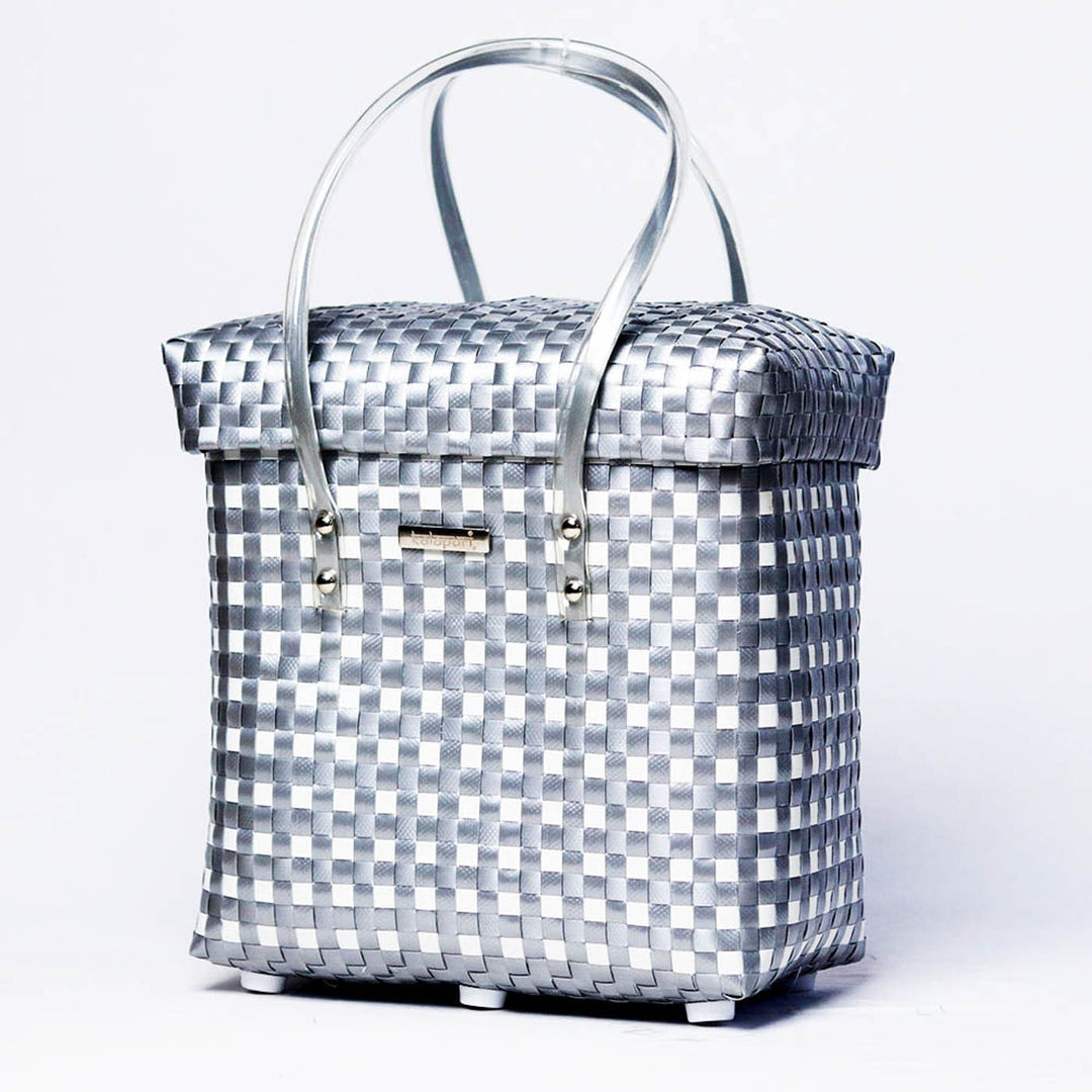 Handwoven Grey & White Checked Storage Basket With Lid