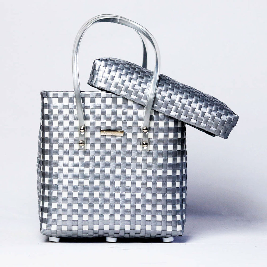 Handwoven Grey & White Checked Storage Basket With Lid
