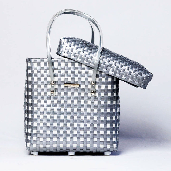 Handwoven Grey & White Checked Storage Basket With Lid