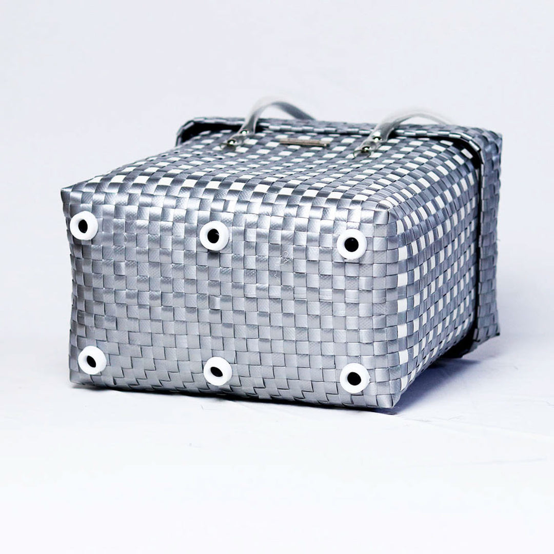 Handwoven Grey & White Checked Storage Basket With Lid