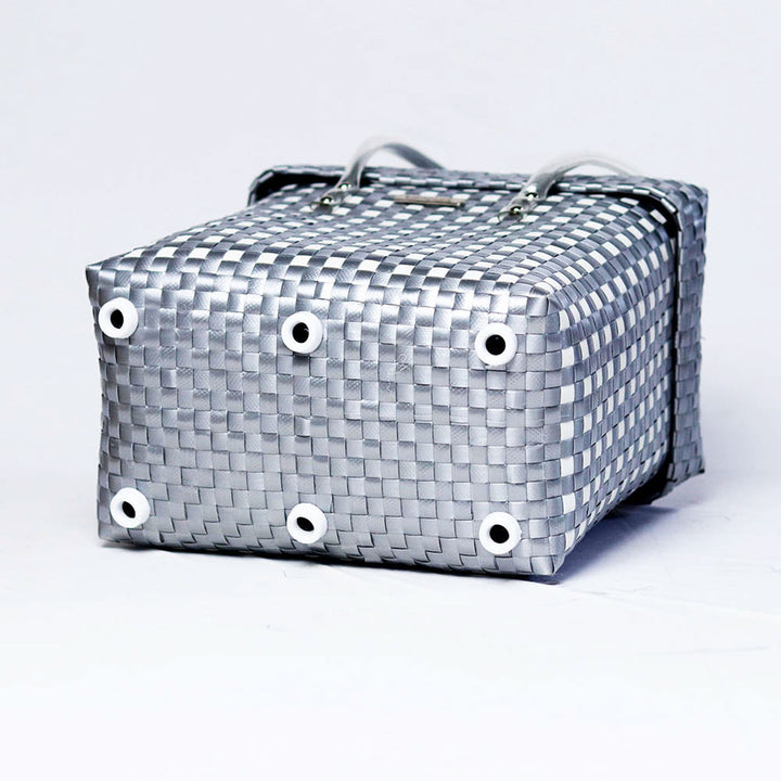 Handwoven Grey & White Checked Storage Basket With Lid