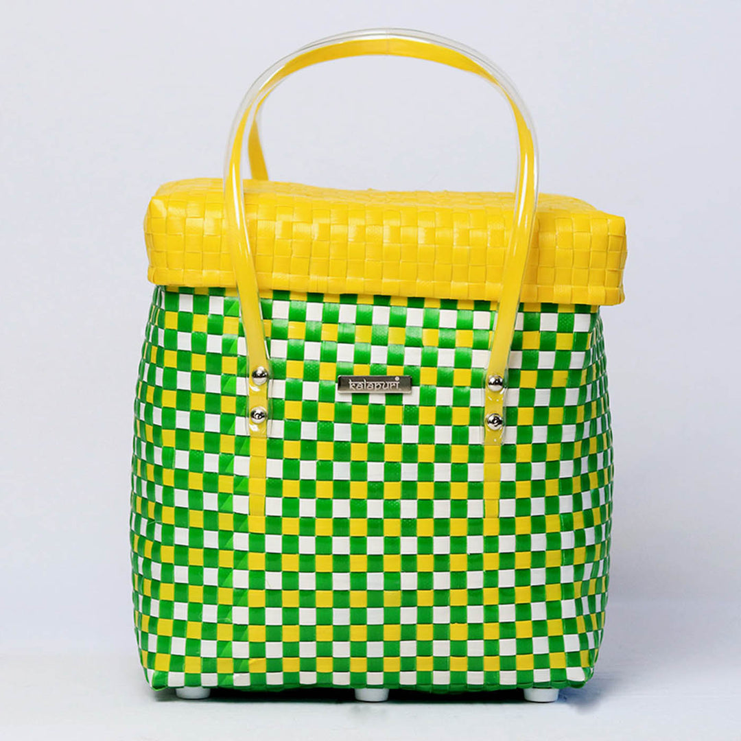 Handwoven Green & Yellow Checked Storage Basket With Lid