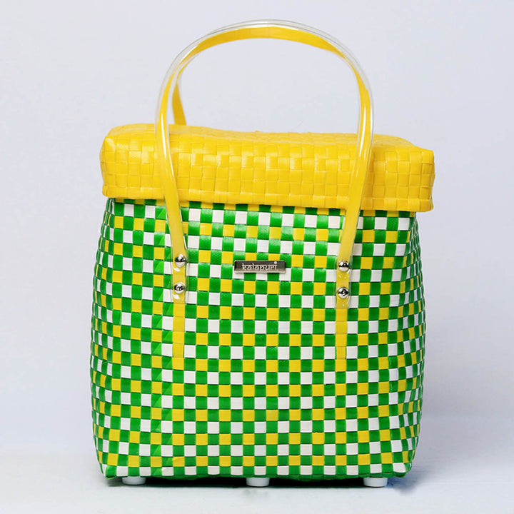 Handwoven Green & Yellow Checked Storage Basket With Lid