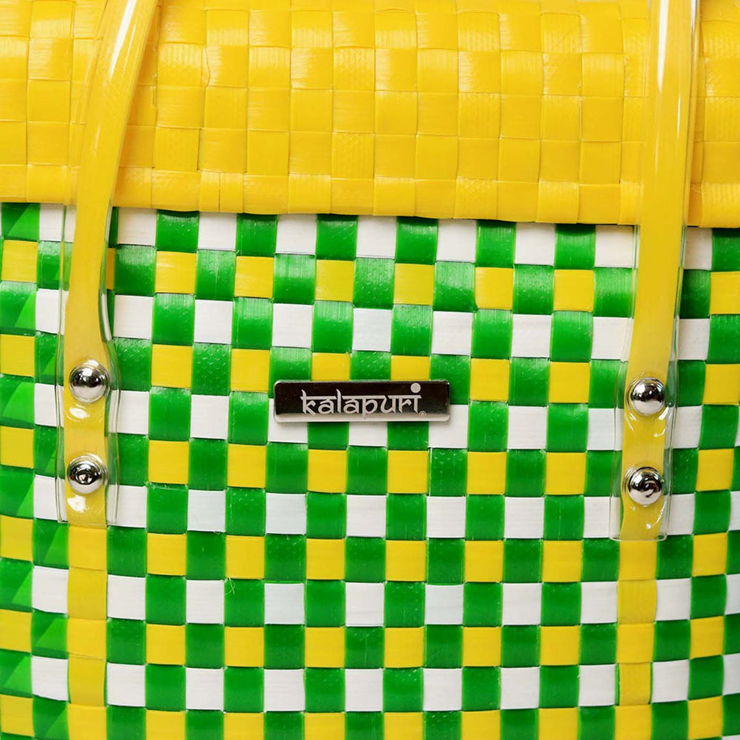 Handwoven Green & Yellow Checked Storage Basket With Lid