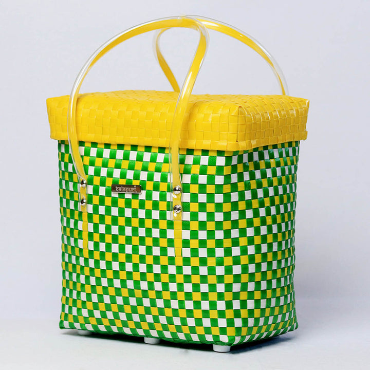 Handwoven Green & Yellow Checked Storage Basket With Lid