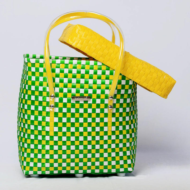 Handwoven Green & Yellow Checked Storage Basket With Lid