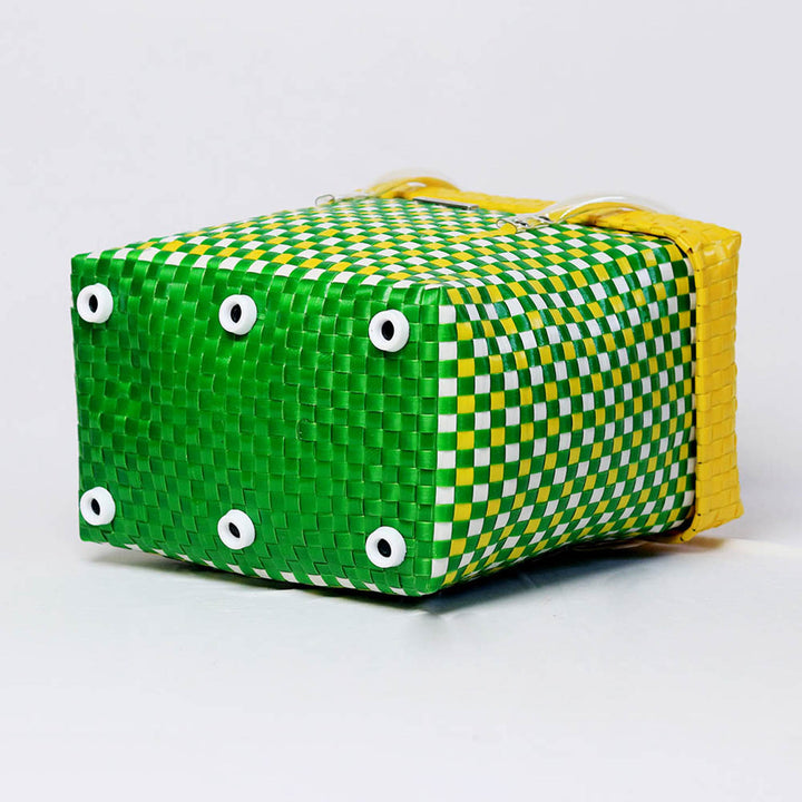 Handwoven Green & Yellow Checked Storage Basket With Lid