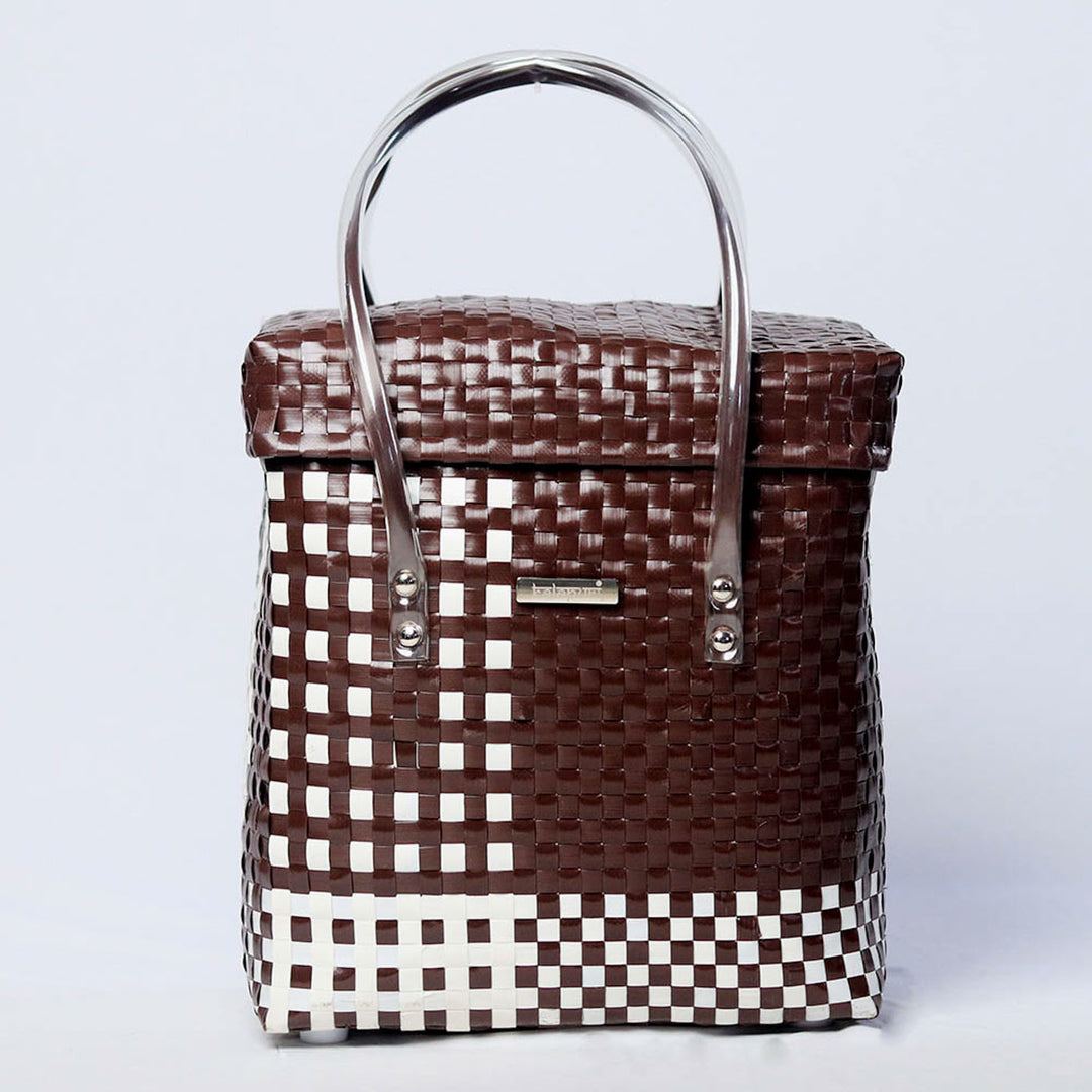 Handwoven Brown & White Checked Storage Basket With Lid