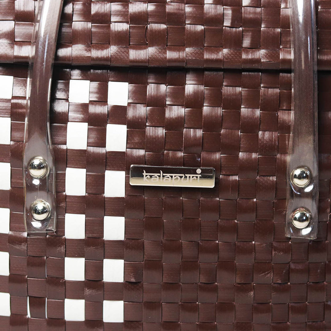 Handwoven Brown & White Checked Storage Basket With Lid