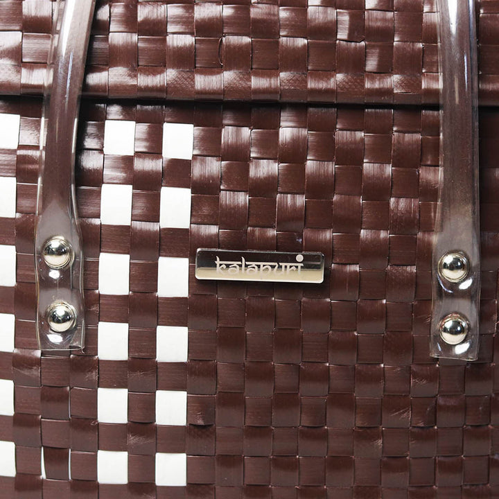 Handwoven Brown & White Checked Storage Basket With Lid