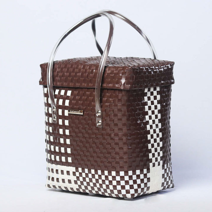 Handwoven Brown & White Checked Storage Basket With Lid