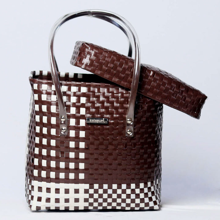 Handwoven Brown & White Checked Storage Basket With Lid