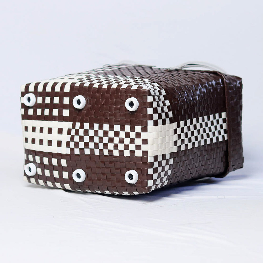 Handwoven Brown & White Checked Storage Basket With Lid
