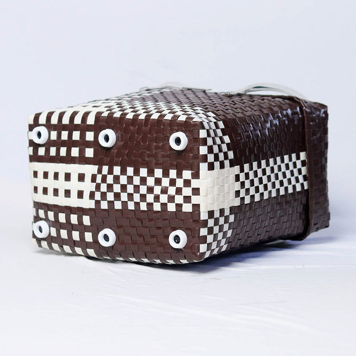 Handwoven Brown & White Checked Storage Basket With Lid